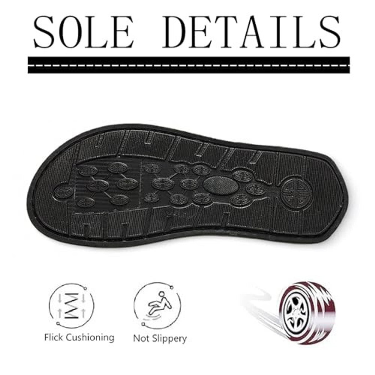 Sandal outsole tread detail with grippy black rubber pattern for slip resistance