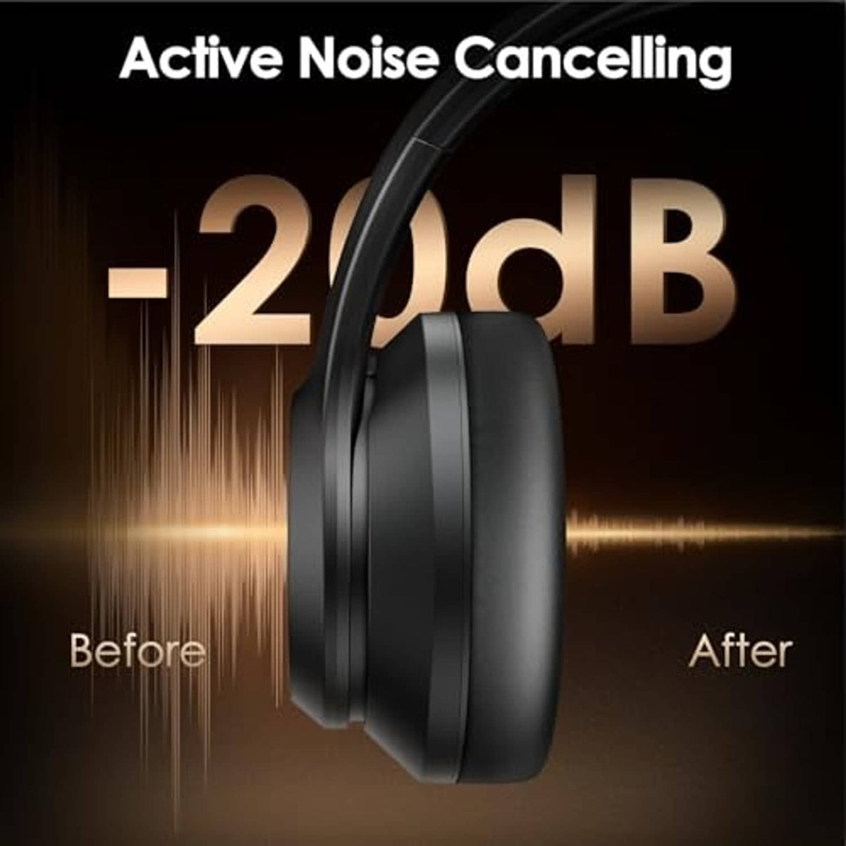 Black over-ear active noise cancelling headphones, padded headband and earcups