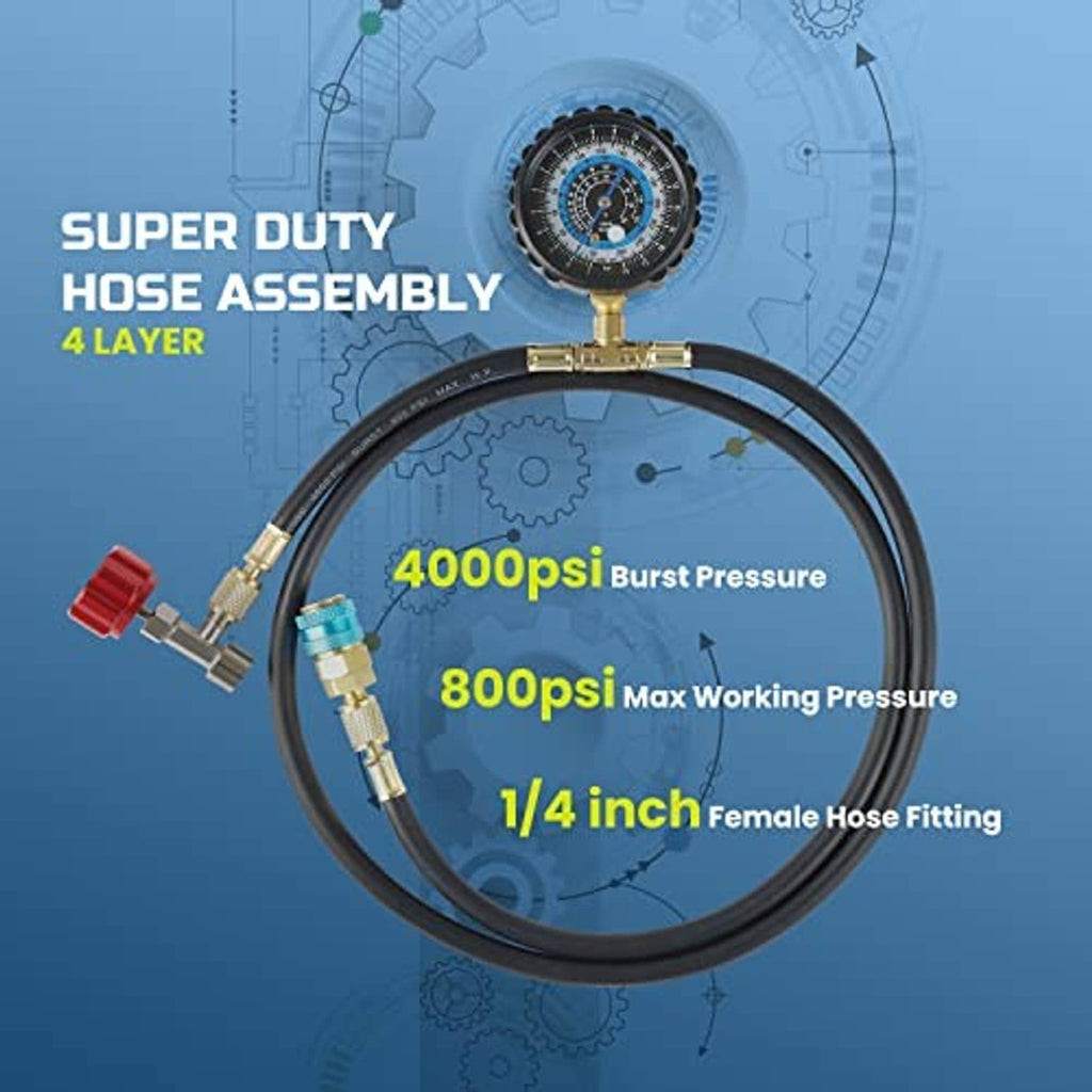 AC refrigerant recharge gauge with black hose, brass manifold and red valve