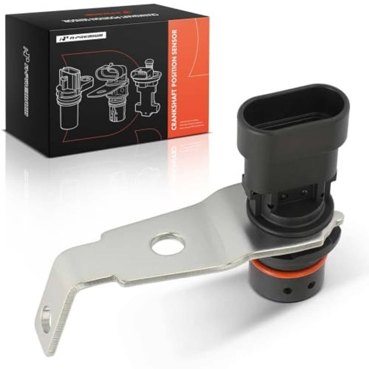 Crankshaft position sensor with metal mounting tab, black cylindrical housing