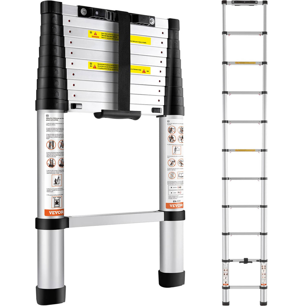 Telescoping aluminum extension ladder with black end caps, white step panels, silver base