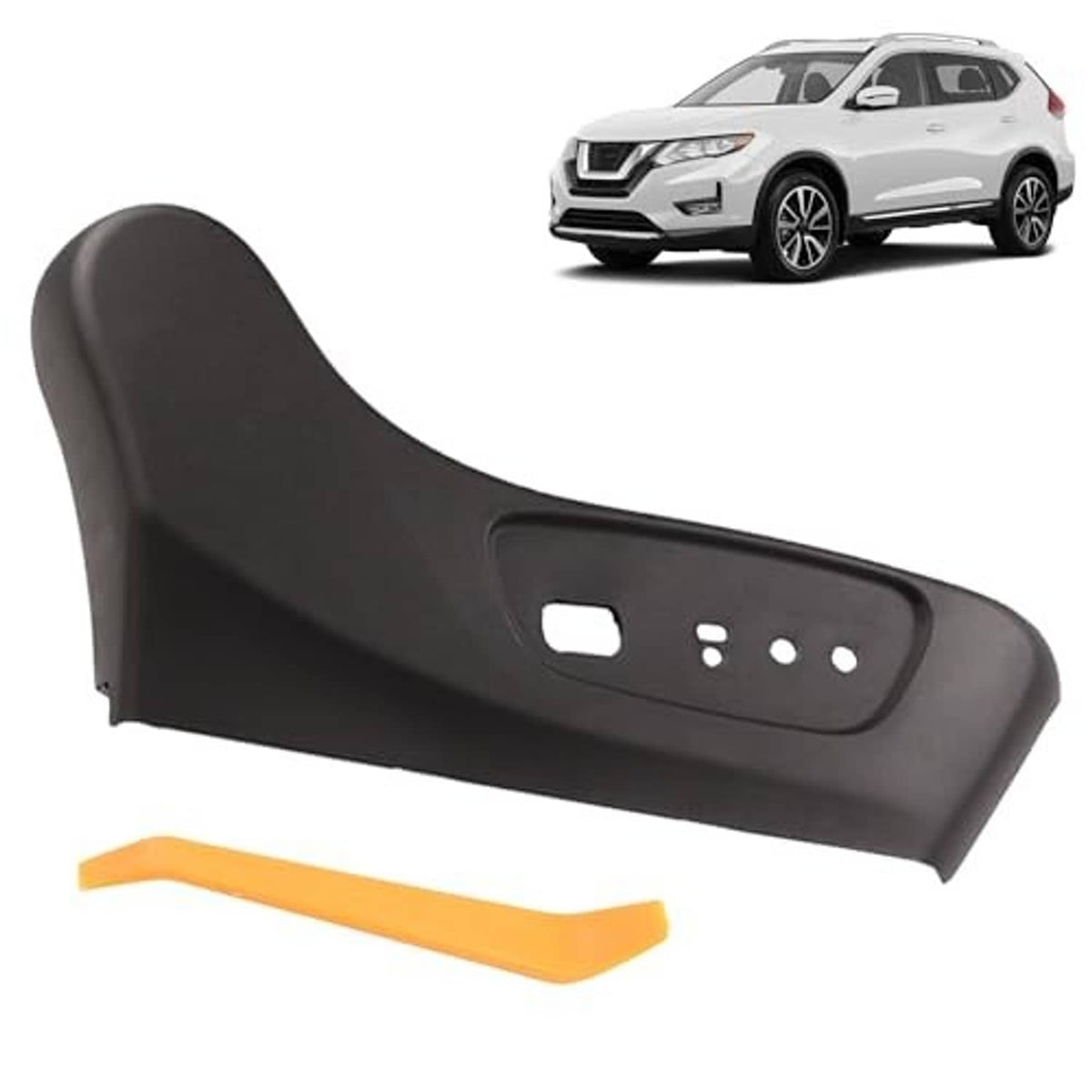 Dark front driver seat trim panel with oval and round cutouts