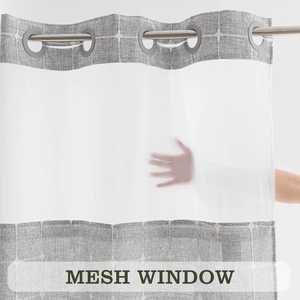 Grey grid shower curtain with mesh window and hanging grommets