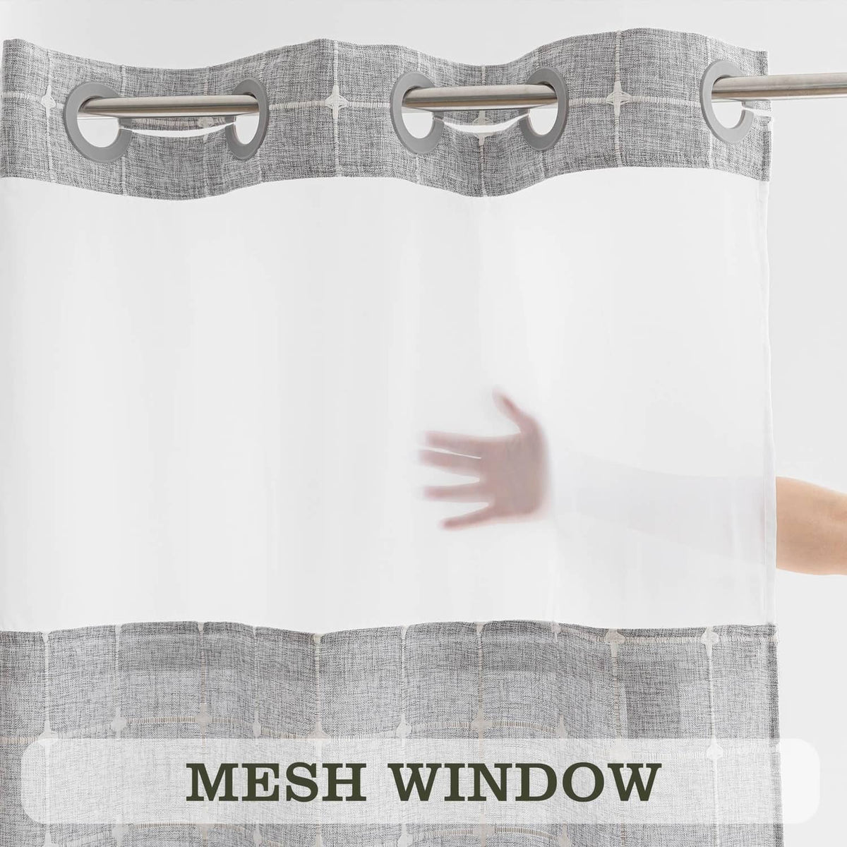 Grey grid shower curtain with mesh window and hanging grommets
