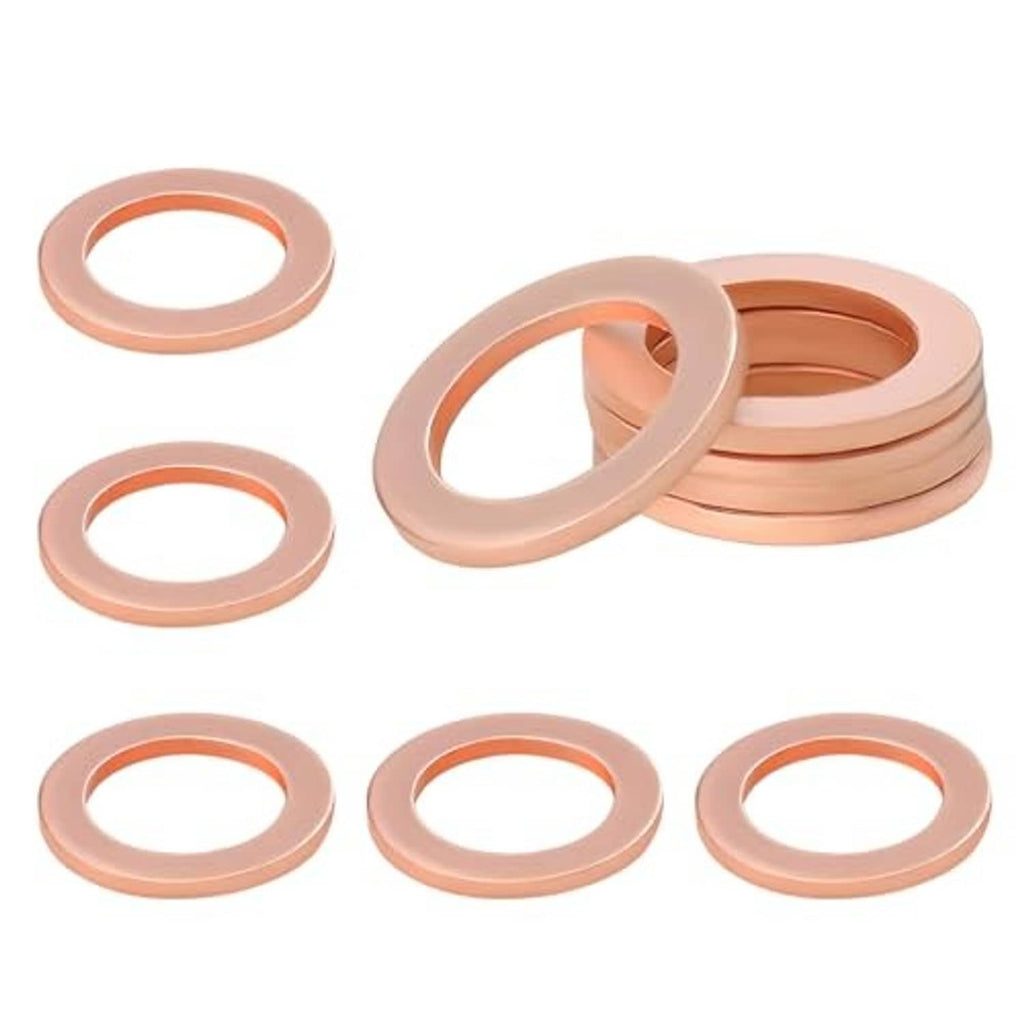 Copper oil drain plug gasket washers, flat round rings with center holes, assorted set