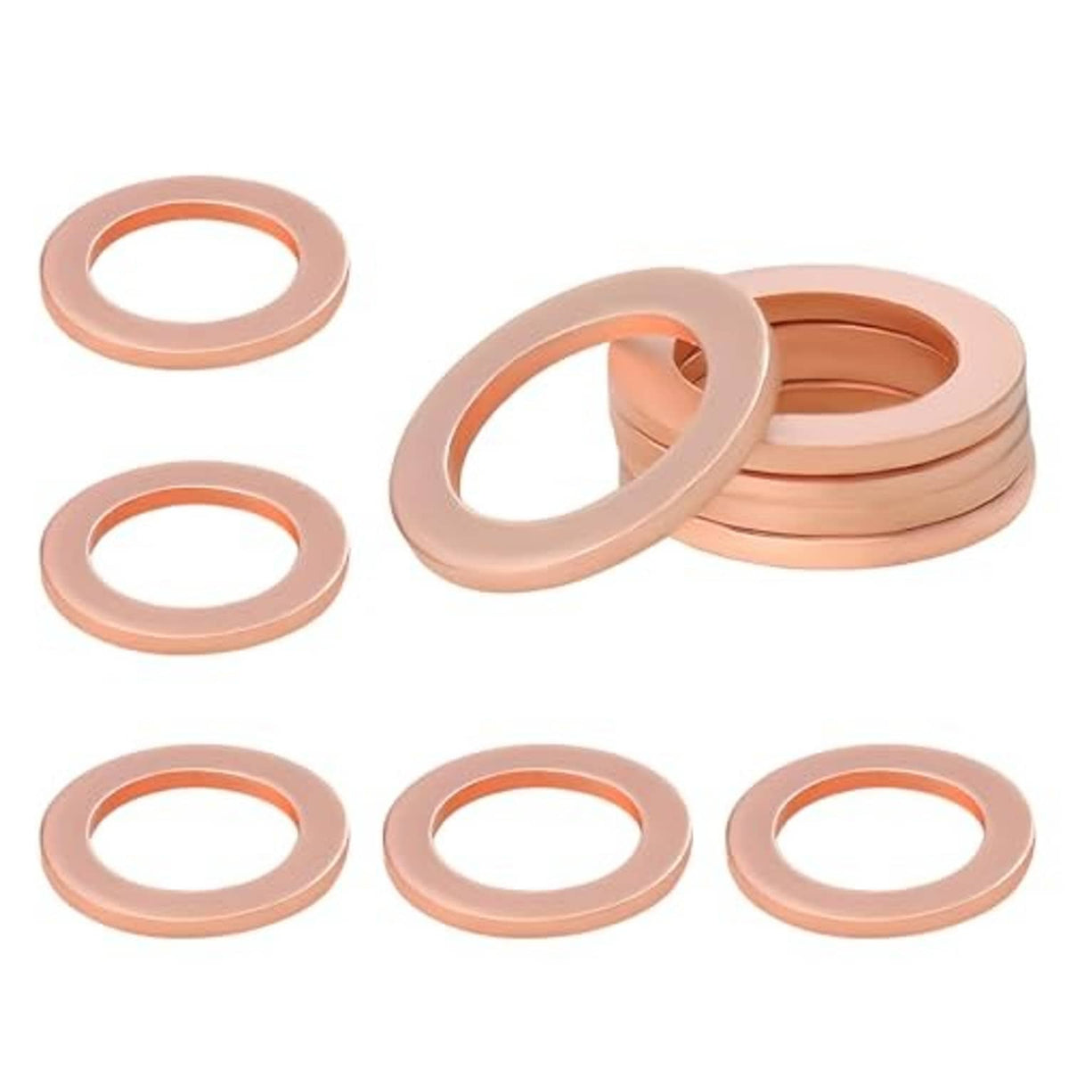 Copper oil drain plug gasket washers, flat round rings with center holes, assorted set
