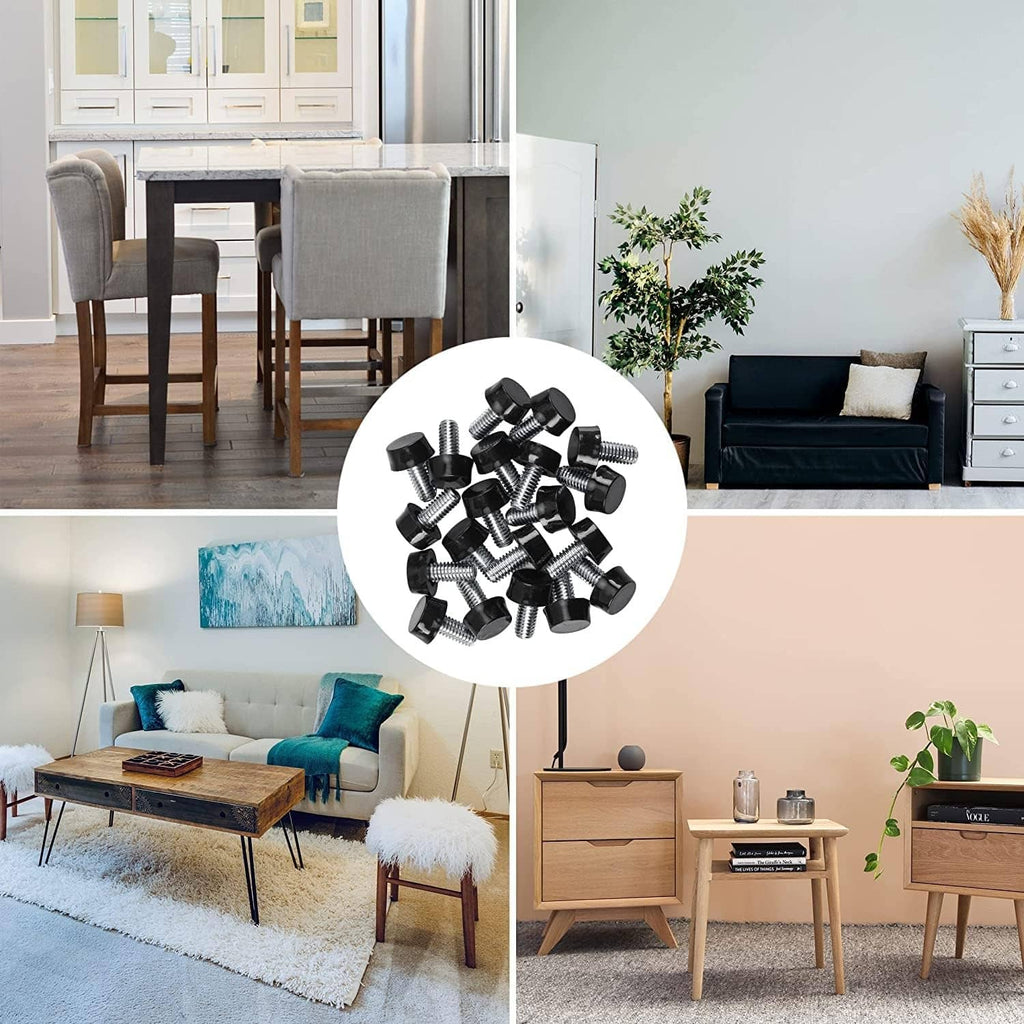 Black screw-in leveler feet and thread screws shown with furniture use