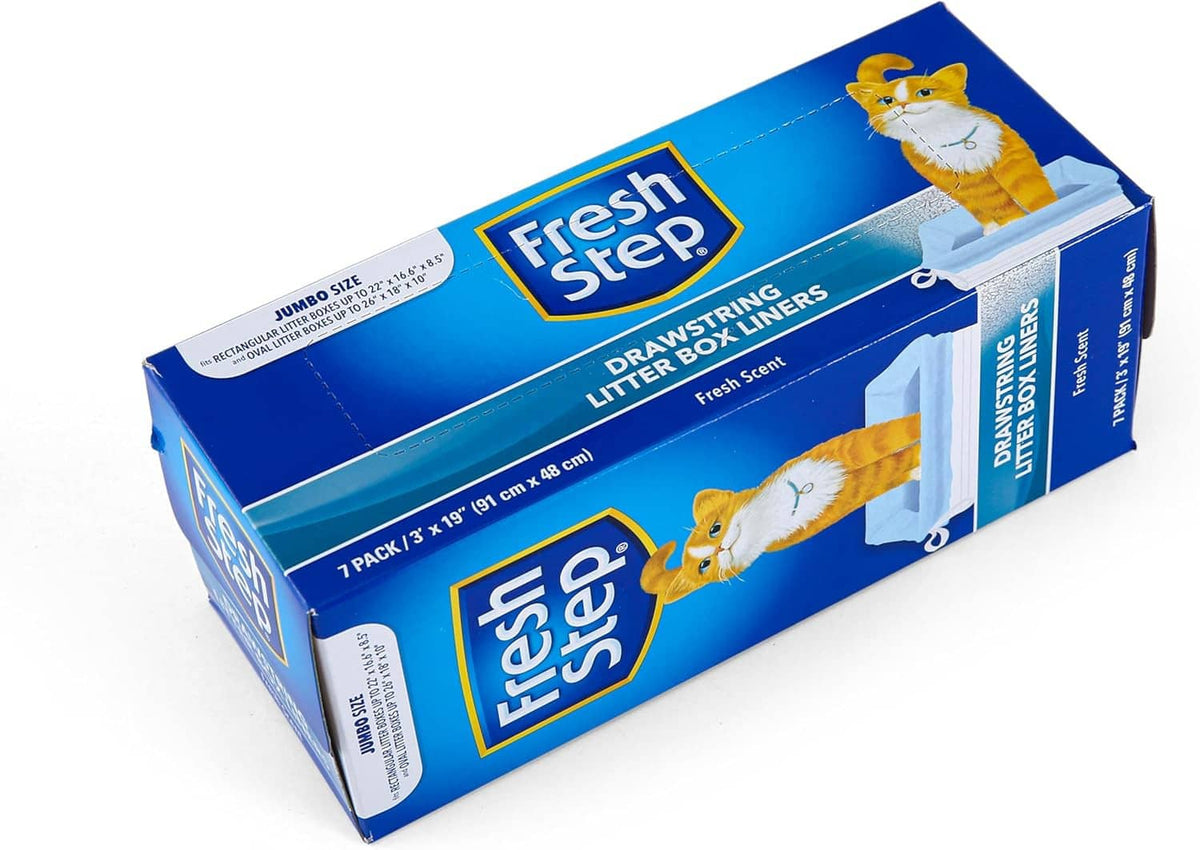 Fresh Step drawstring litter box liners box with blue cat and box top view
