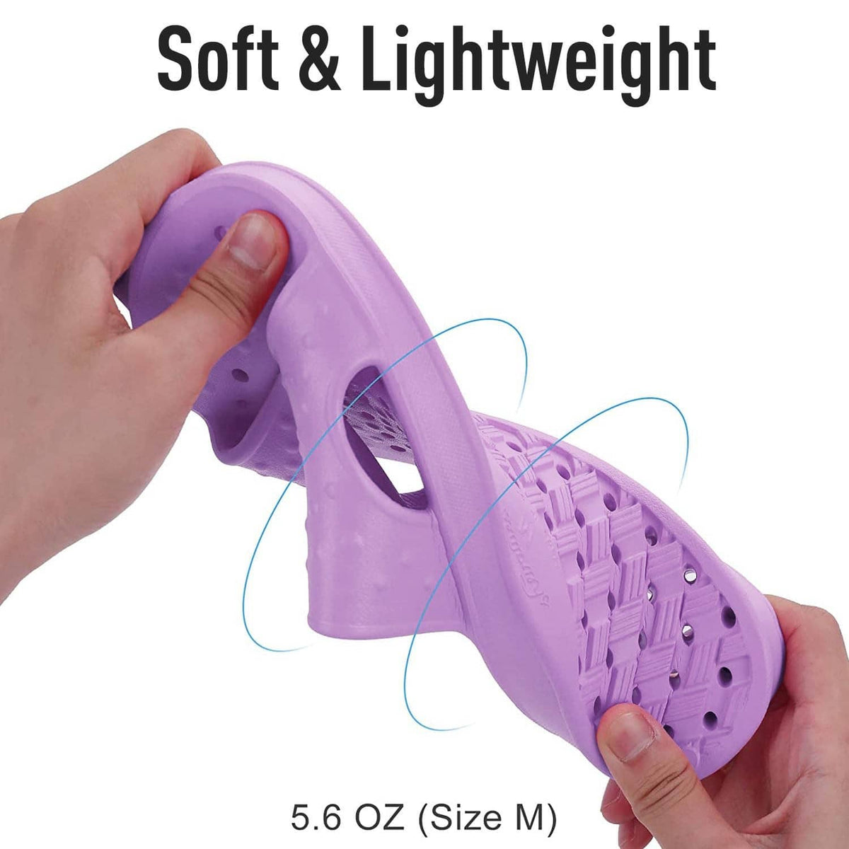 Purple lightweight slide sandals, open toe design shown in hands.