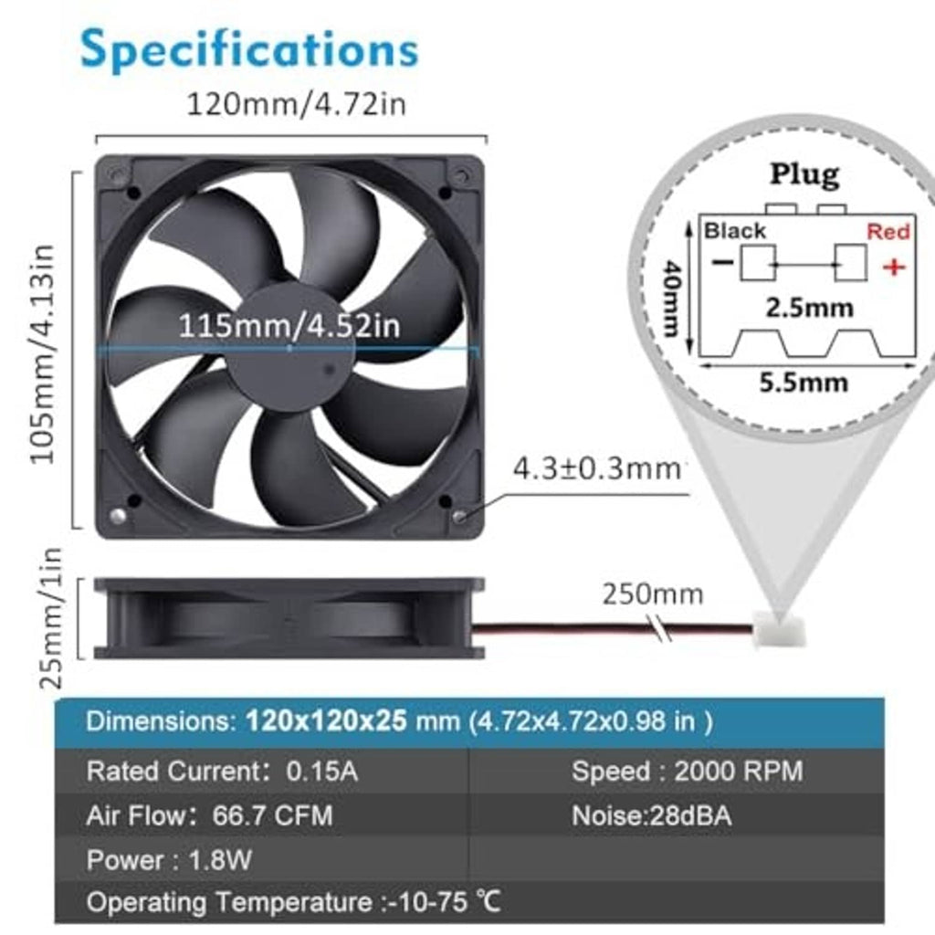 120mm 12V 2-pin DC cooling fan size and plug wiring diagram