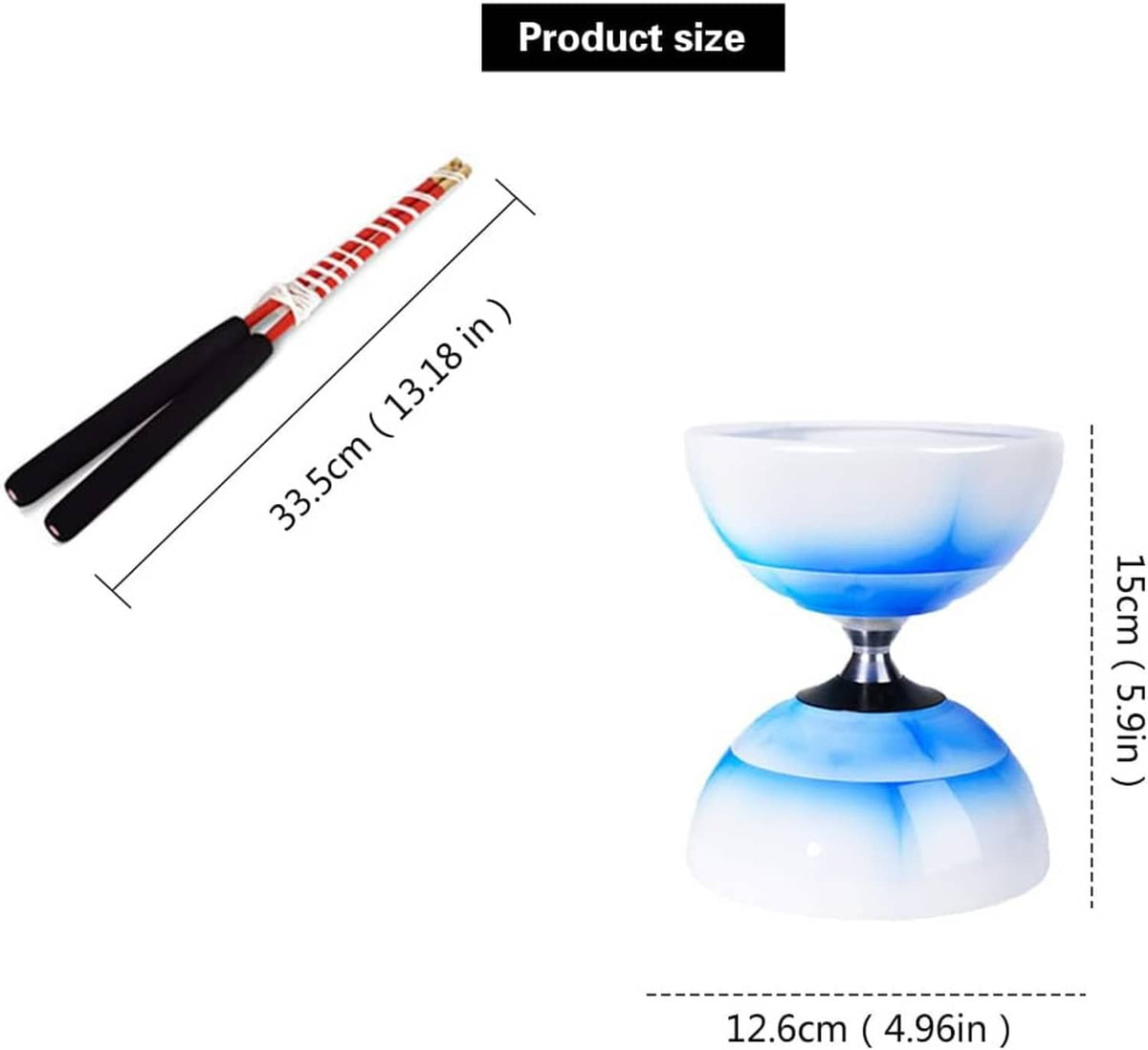 Blue diabolo juggling toy with black handle stick and orange grip tip.