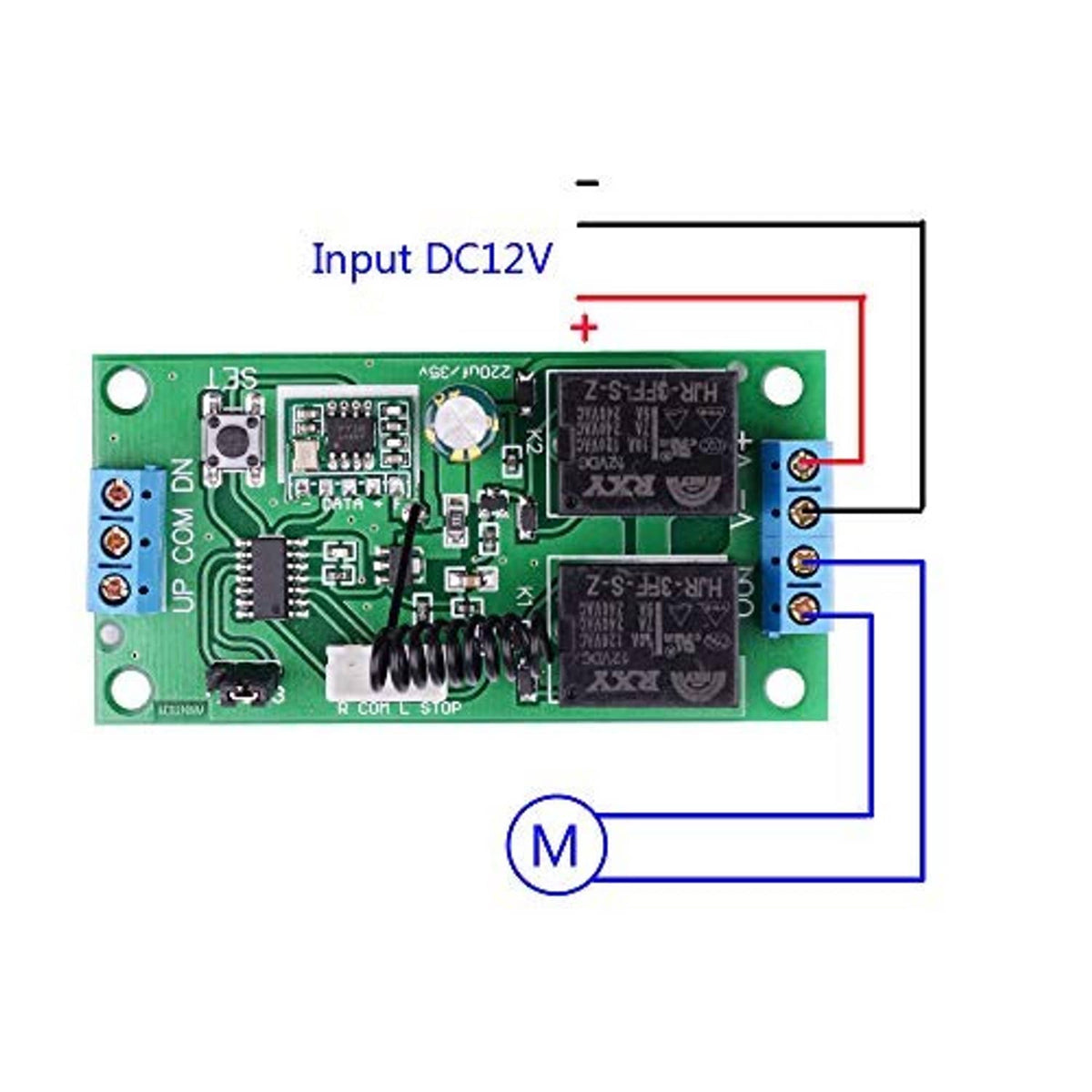 RF remote switch wiring diagram on green circuit board with input, output, and motor symbols