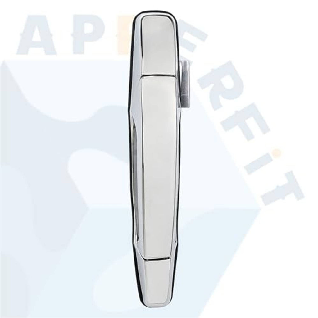 Chrome exterior door handle viewed from the side, smooth lever face.