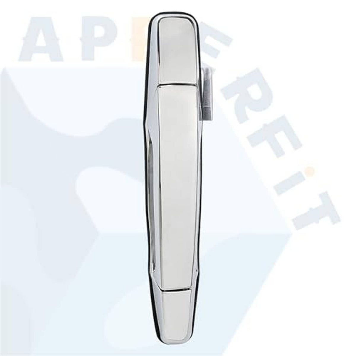 Chrome exterior door handle viewed from the side, smooth lever face.