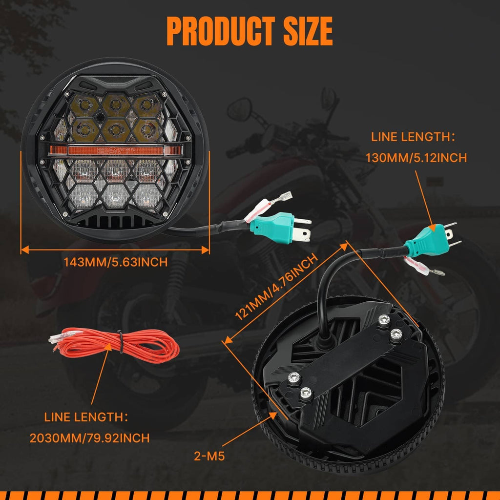 Round LED headlight kit showing dimensions and long wire leads with mounting hardware