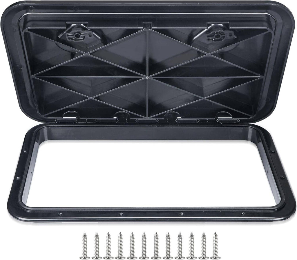 Rectangular marine deck hatch cover with open lid, black rim, and included screws