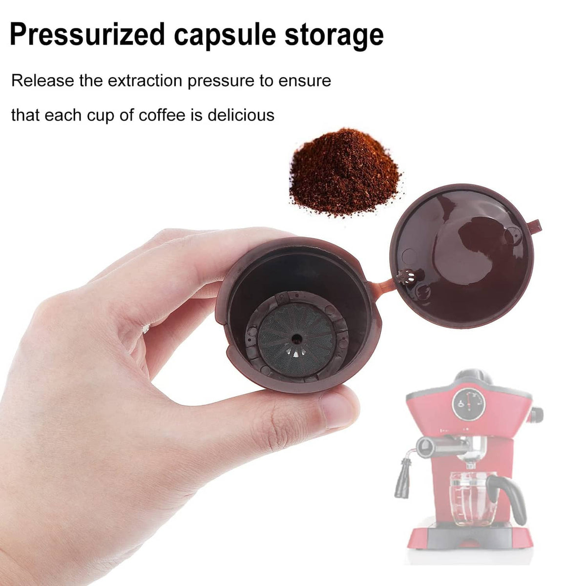 Dark brown reusable coffee capsule with open filter chamber held in a hand