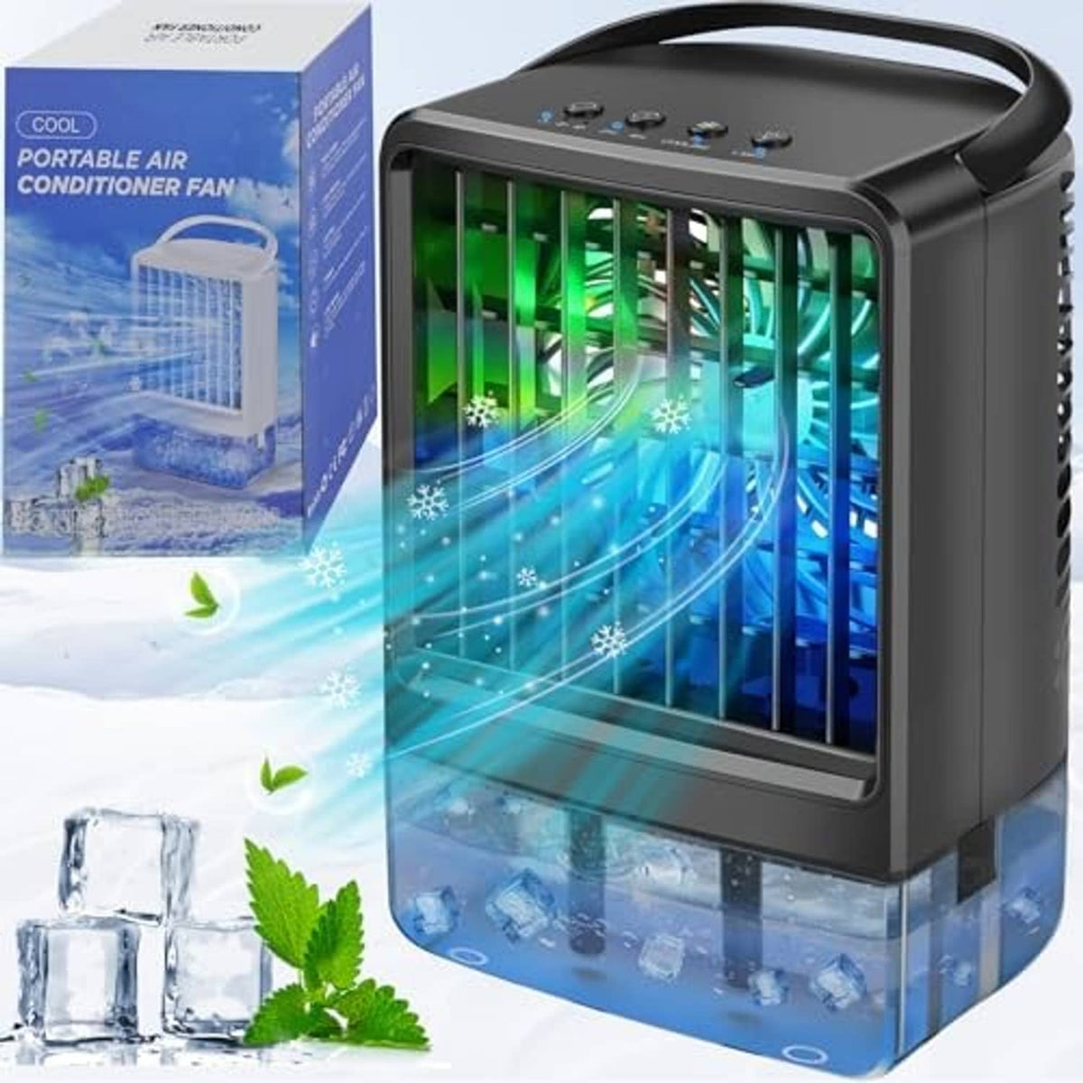 Portable air conditioner cooling fan in dark black with front grille and green LED glow