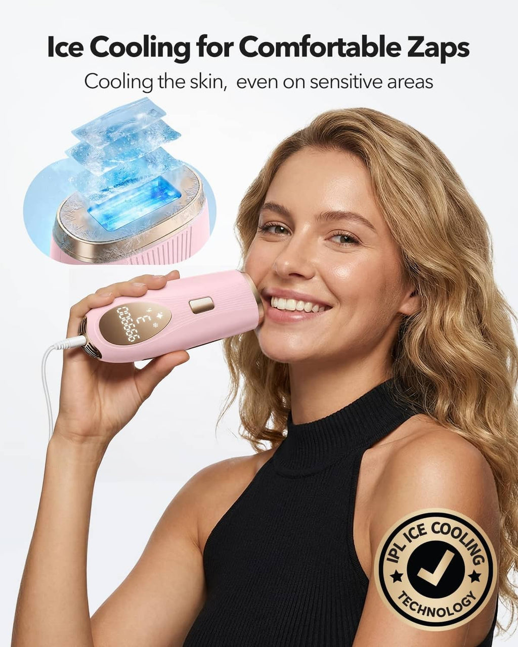 Pink IPL laser hair removal device with cooling head, held in hand.