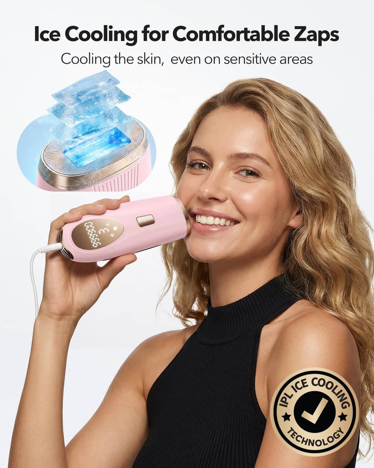 Pink IPL laser hair removal device with cooling head, held in hand.