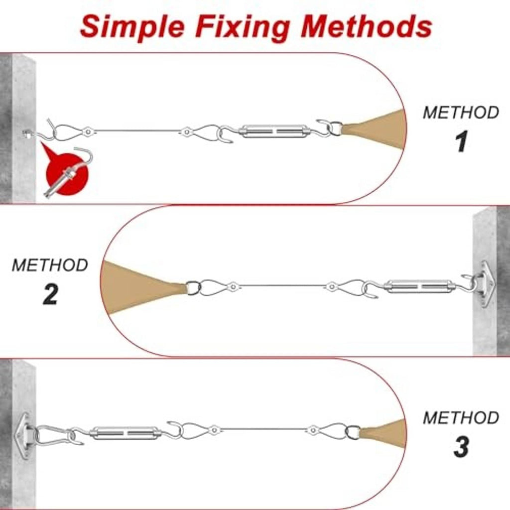 Sun shade sail hardware kit showing three mounting methods on wall surfaces