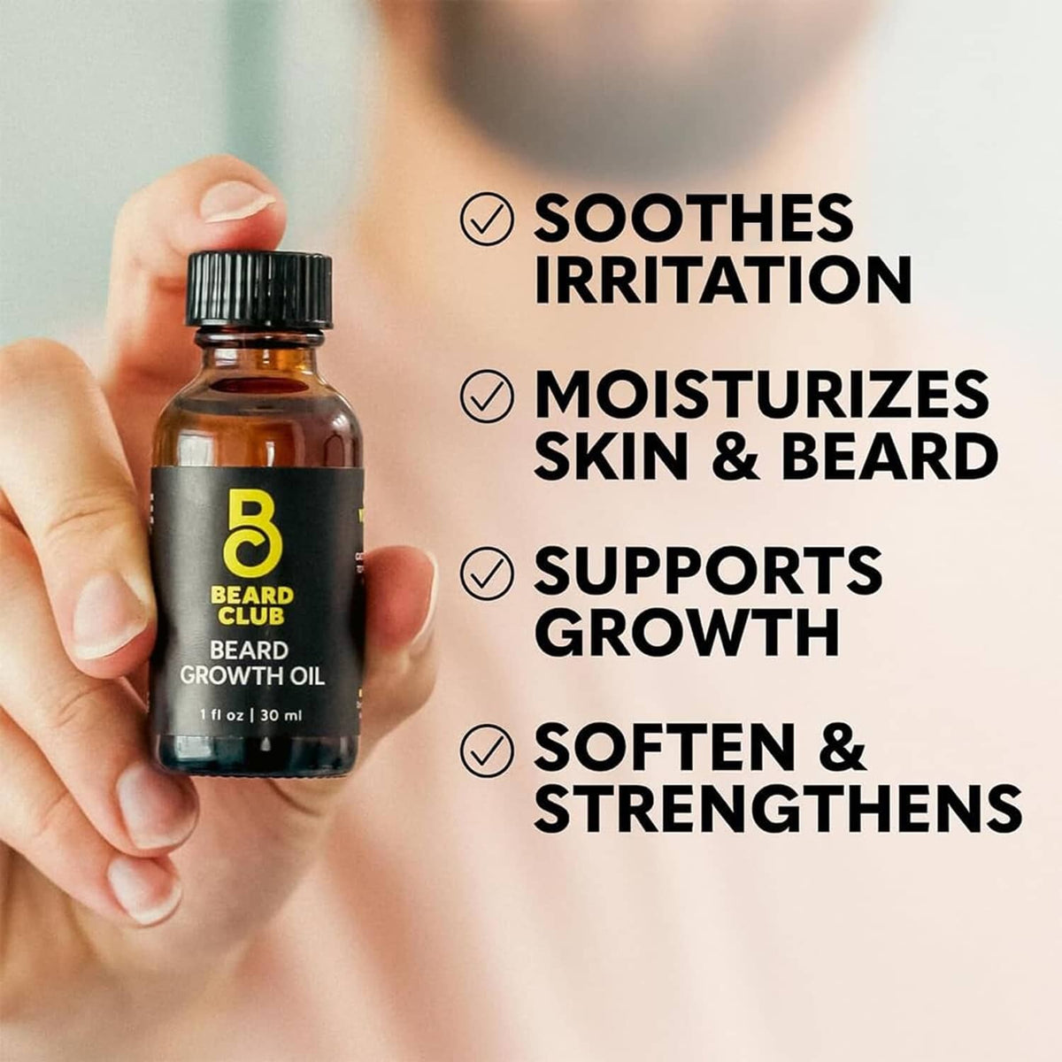 Beard growth oil bottle with dropper, supports growth and moisturizes skin & beard