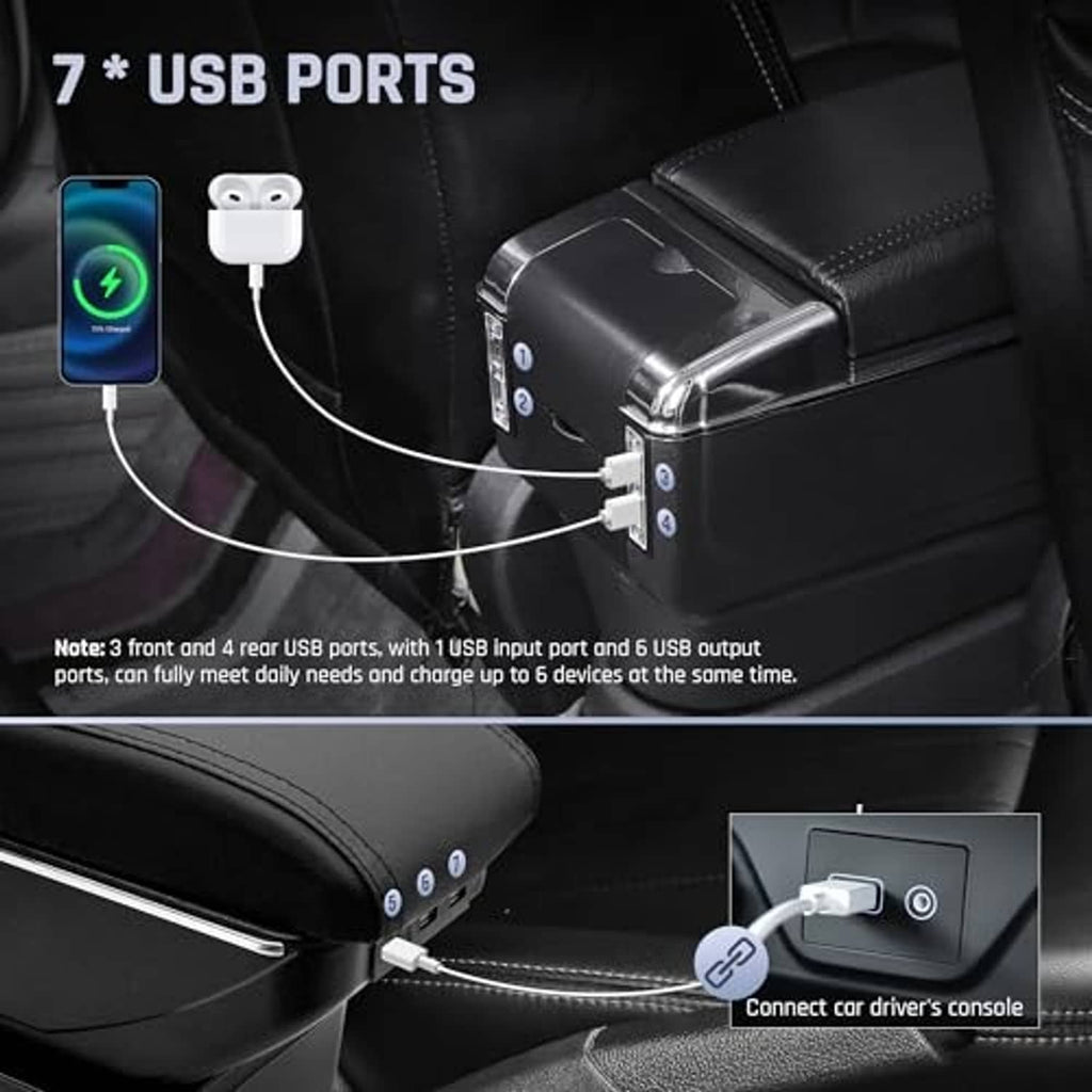 Black armrest box showing seven USB ports and connected charging cables