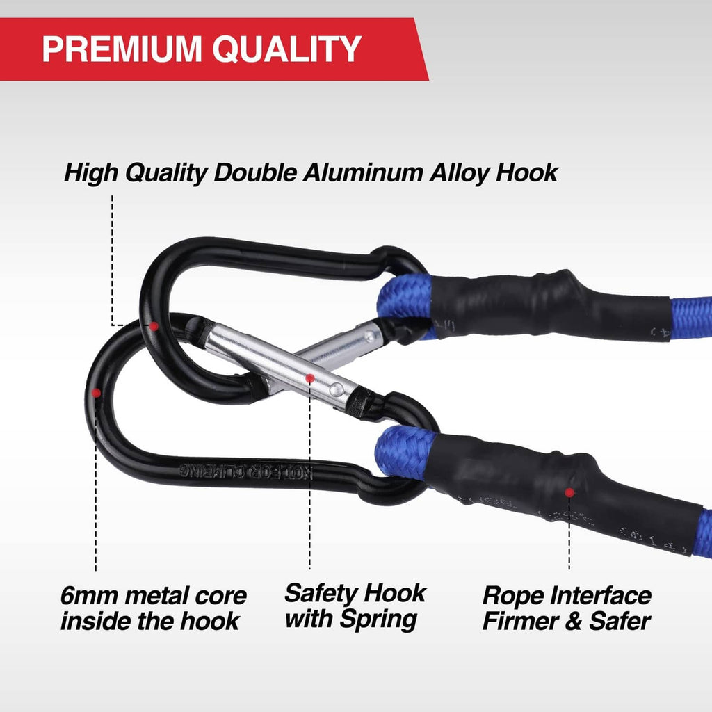 Blue bungee cord with double aluminum hooks and spring safety hook detail