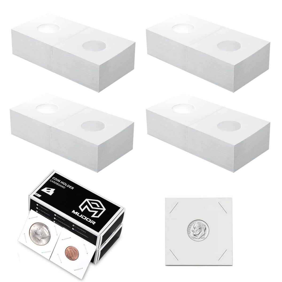 Pack of white 2x2 coin flip sleeves with two circular cutouts for dime storage