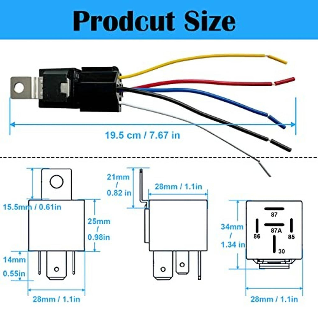 Black 12V automotive relay with wire harness shown with size dimension lines