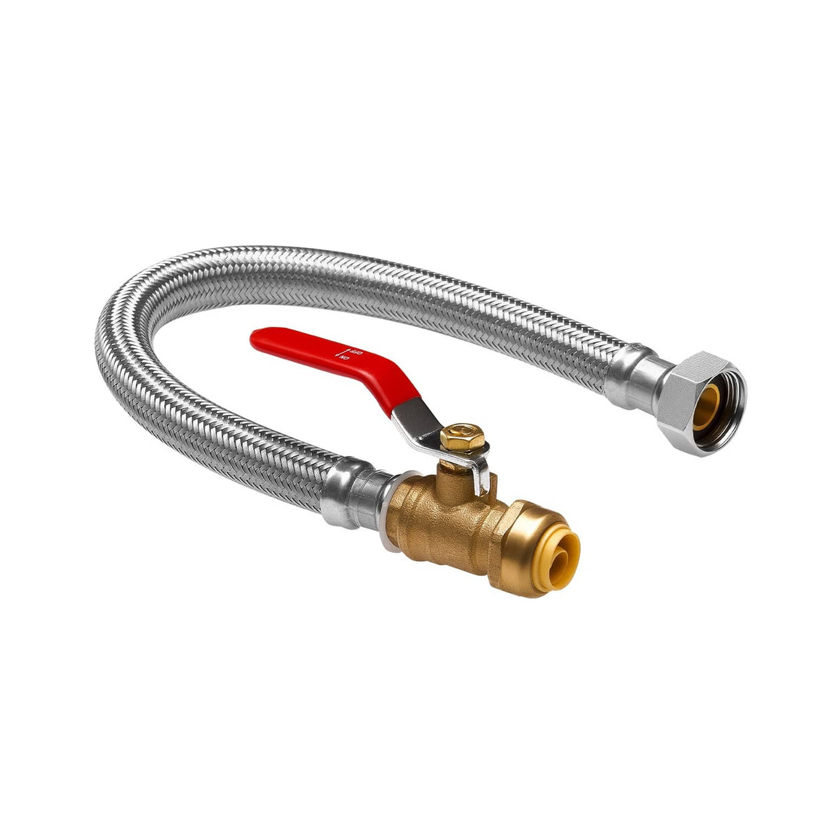 Coiled stainless braided hose with brass ball valve and red lever handle