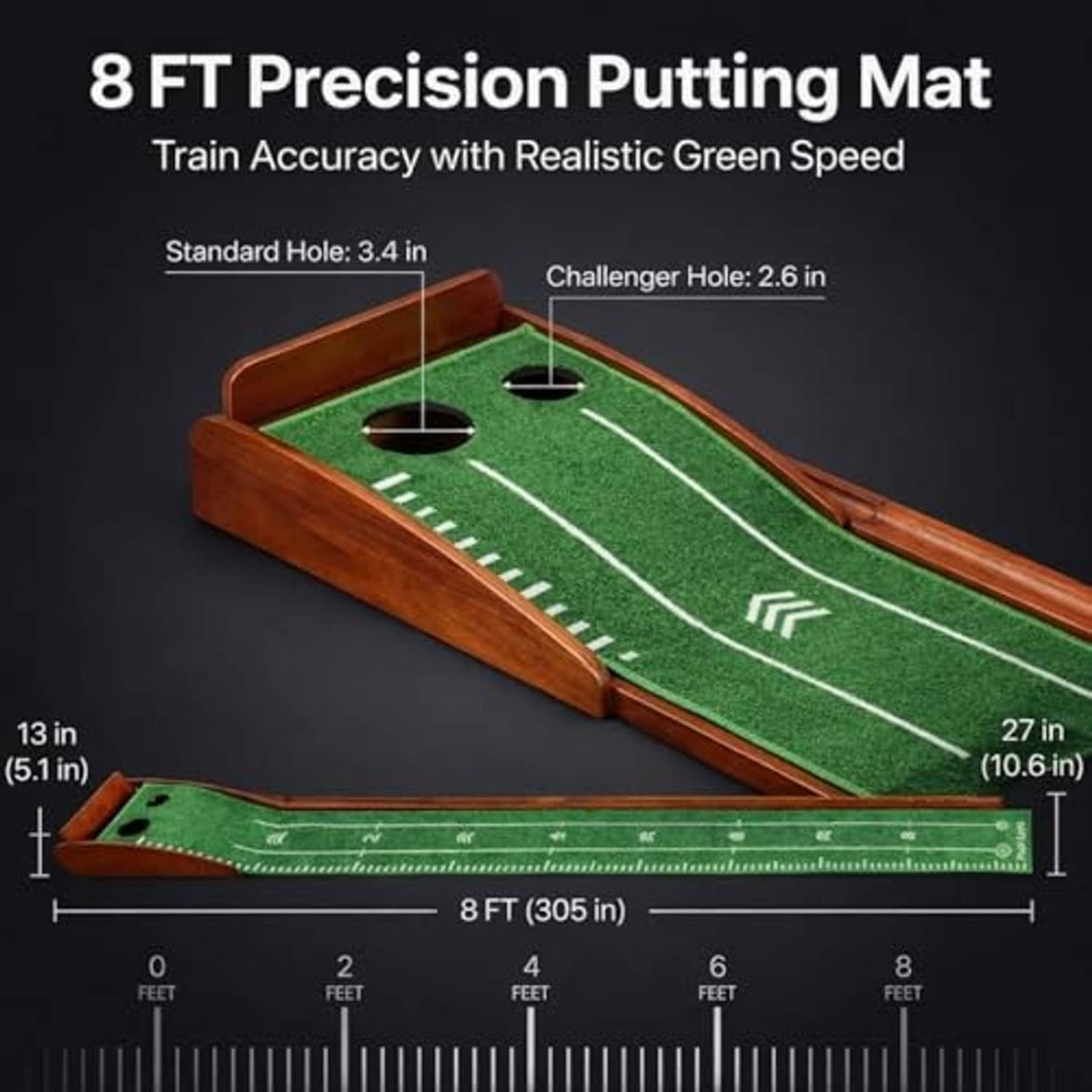 Precision putting mat with two cups, green playing surface, and white alignment lines