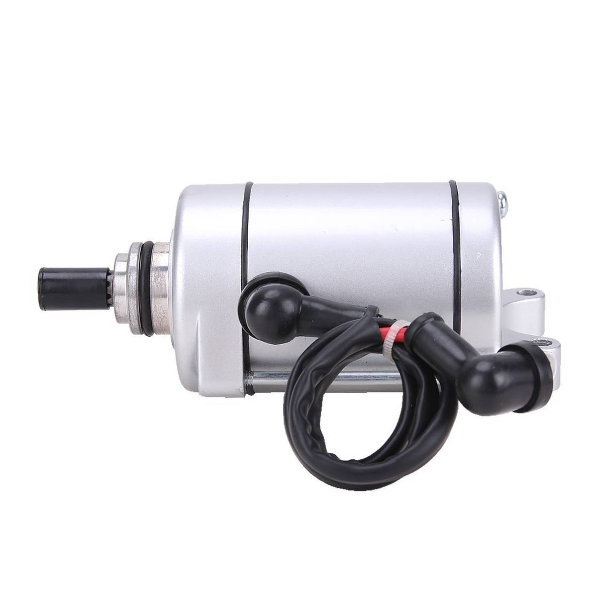 Starter motor assembly side view with wiring harness, silver cylinder and mounting tabs