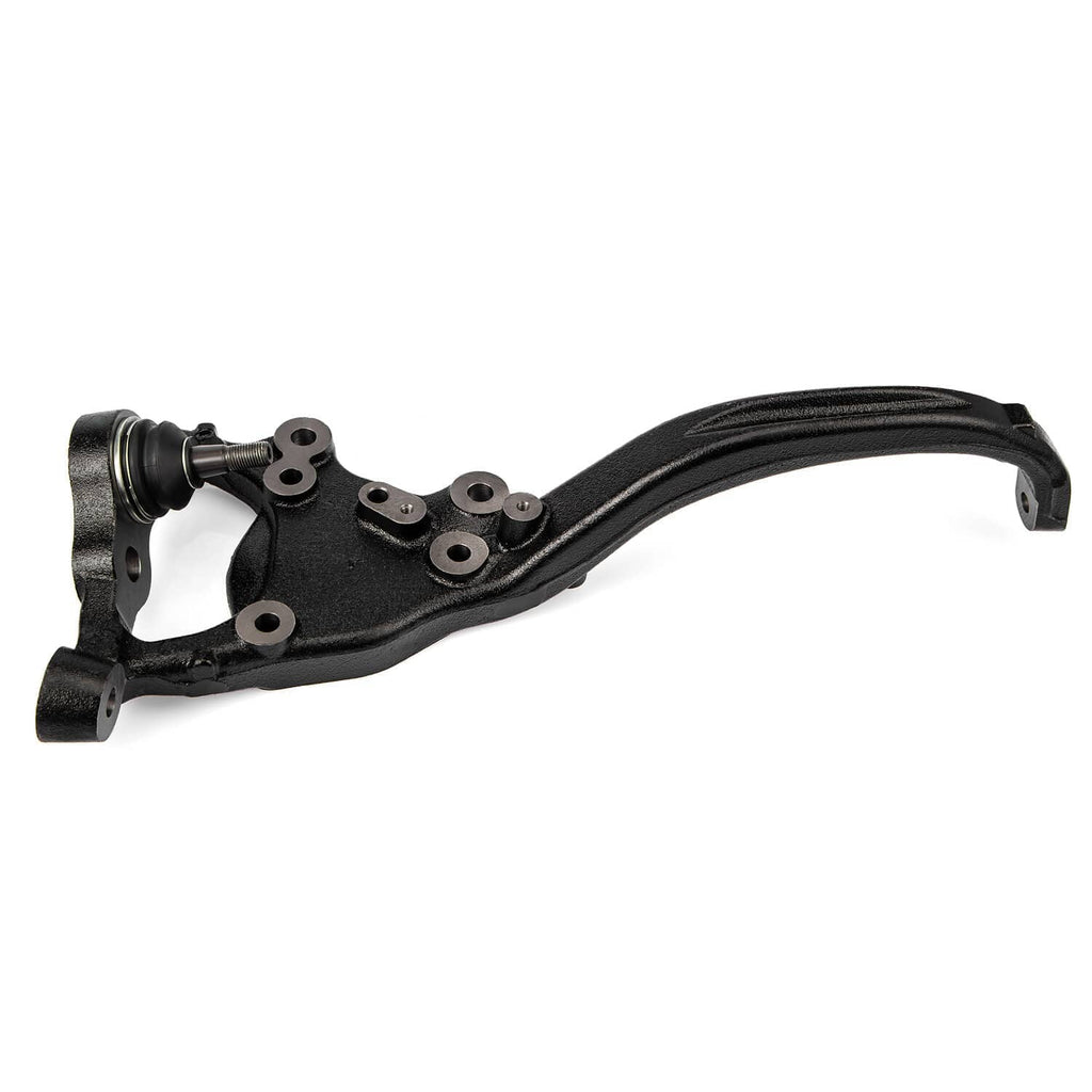 Steering knuckle with ball joint and curved arm, mounting holes on black bracket