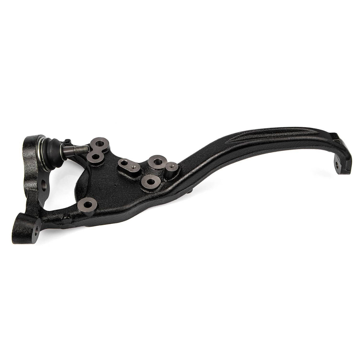 Steering knuckle with ball joint and curved arm, mounting holes on black bracket