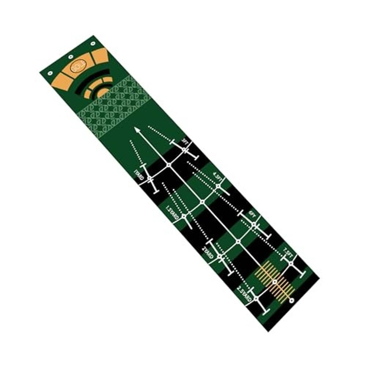Full-length green golf putting practice mat with path lines and target ring