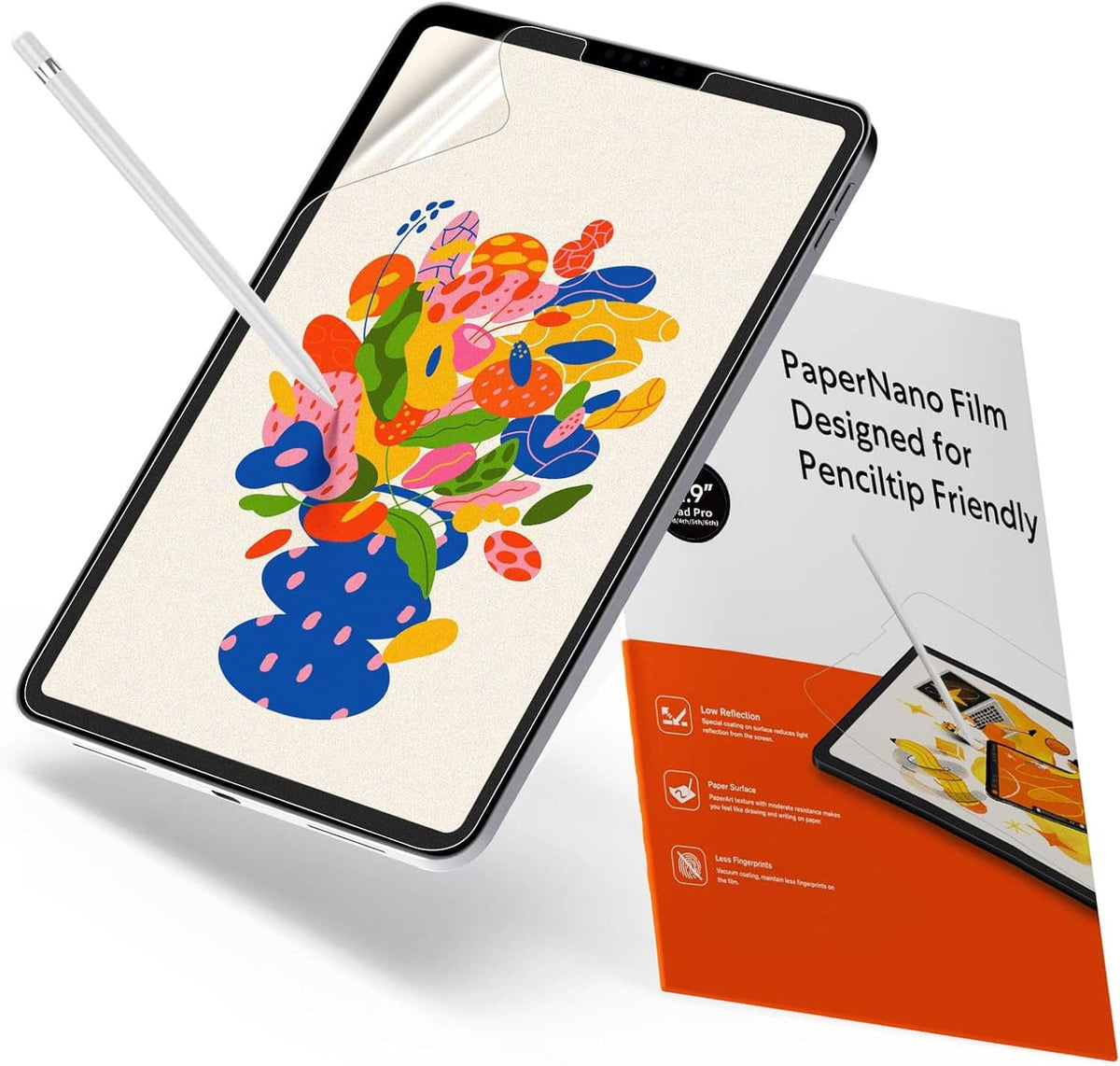 iPad Pro 12.9 with PaperNano screen protector and stylus; product box shown