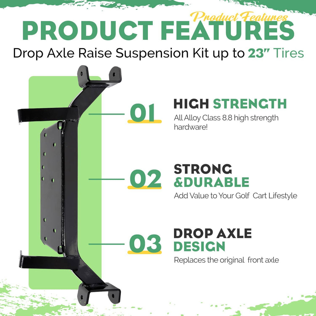 Front axle lift bracket assembly, black powder-coated steel with mounting holes
