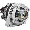 Silver alternator with front pulley and mounting bracket, angled close-up