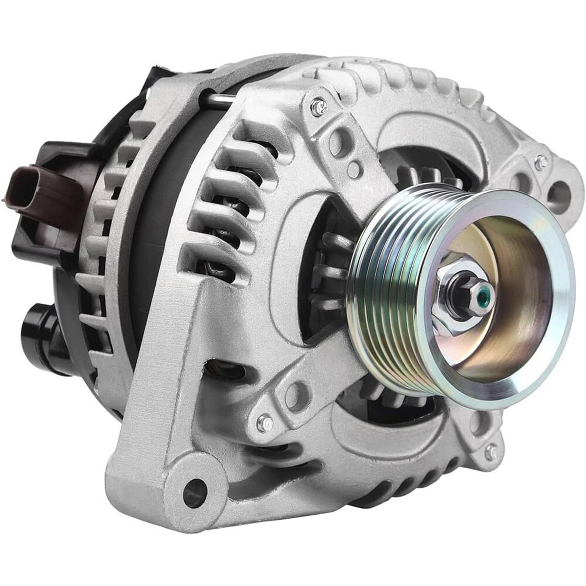 Silver alternator with front pulley and mounting bracket, angled close-up