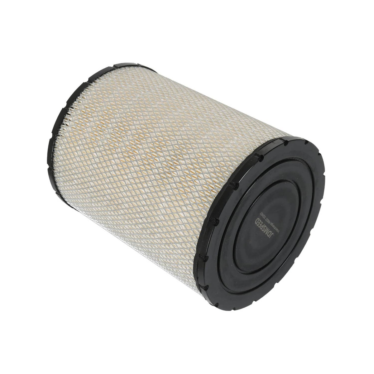 Air filter cartridge angled view showing dark end cap and light pleated filter media