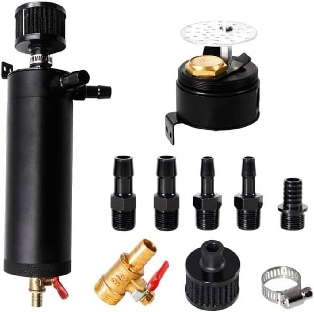 Black oil catch can with assorted adapters, fittings, and air filter for oil separation