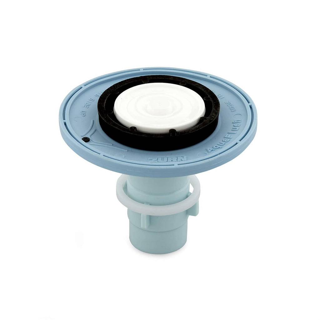 Light blue flush valve with white diaphragm and black gasket ring