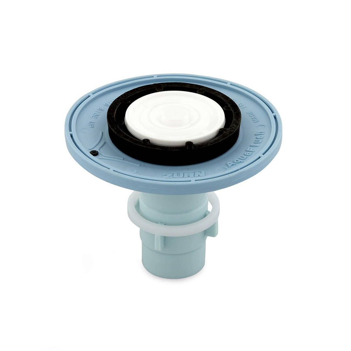Light blue flush valve with white diaphragm and black gasket ring