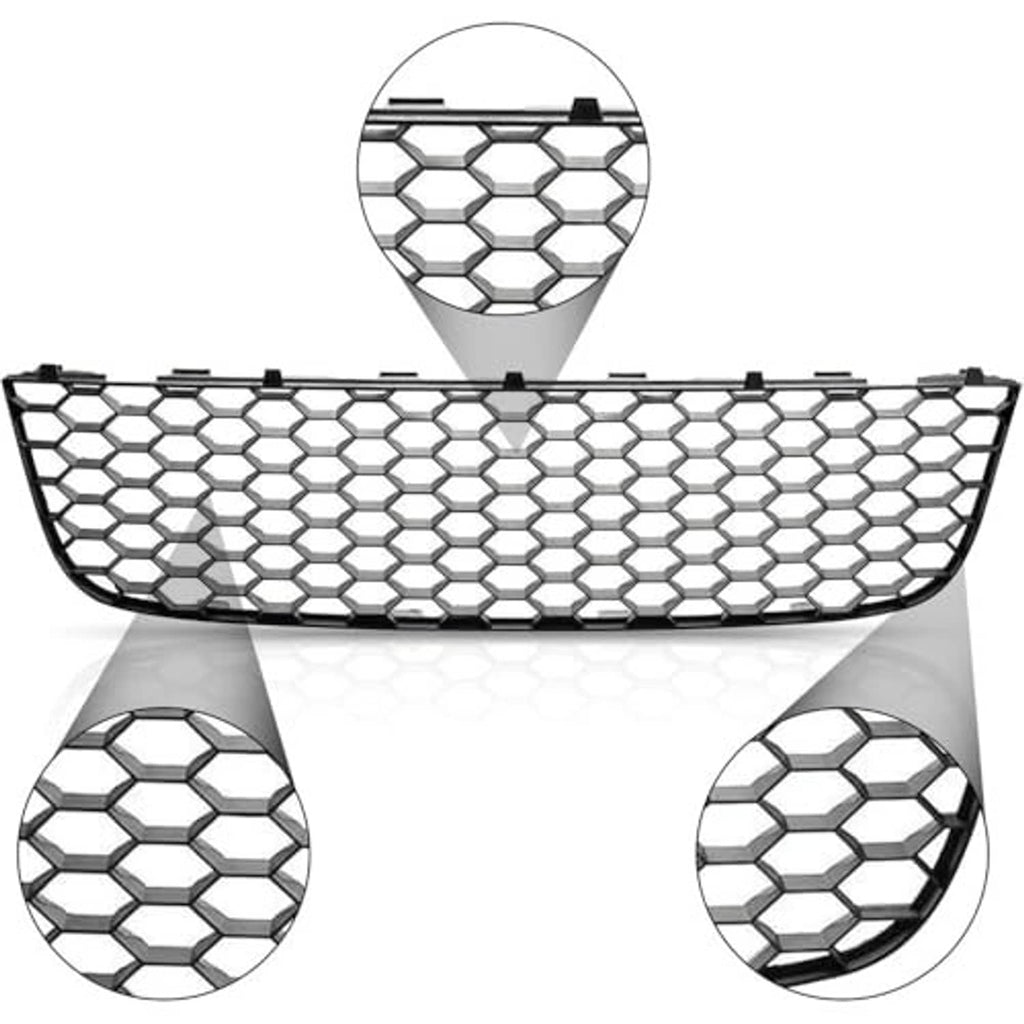 Black honeycomb mesh front lower grille with matching cutout inserts, hex-pattern design