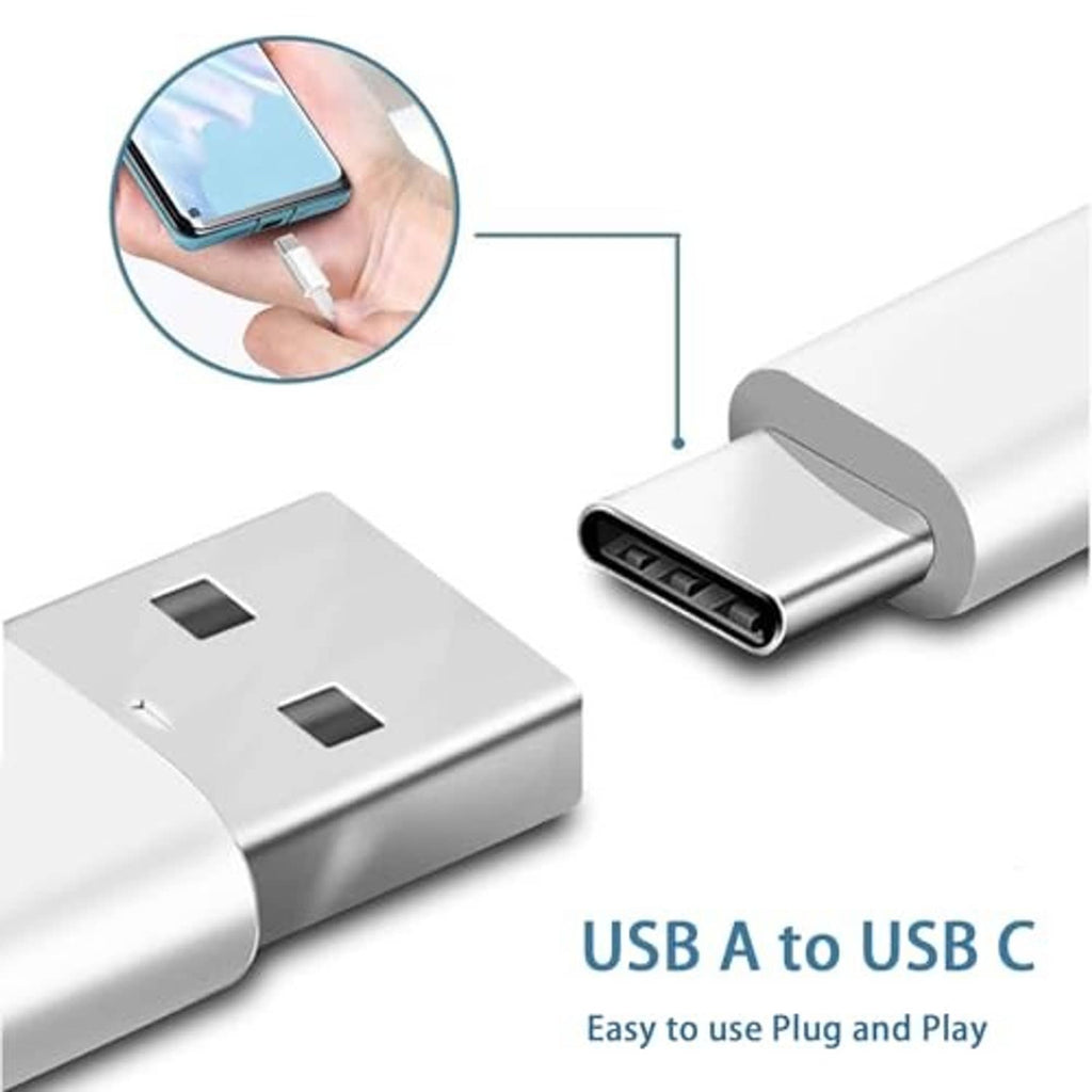White USB-A to USB-C cable connector ends with silver contact pins