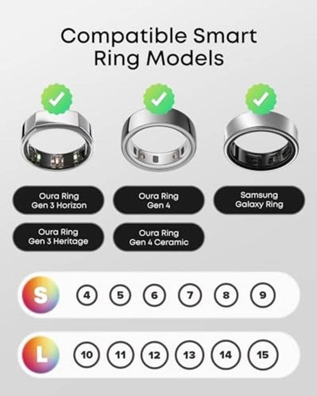 Silicone ring covers for smart rings, shown over ring models with size options S through 15