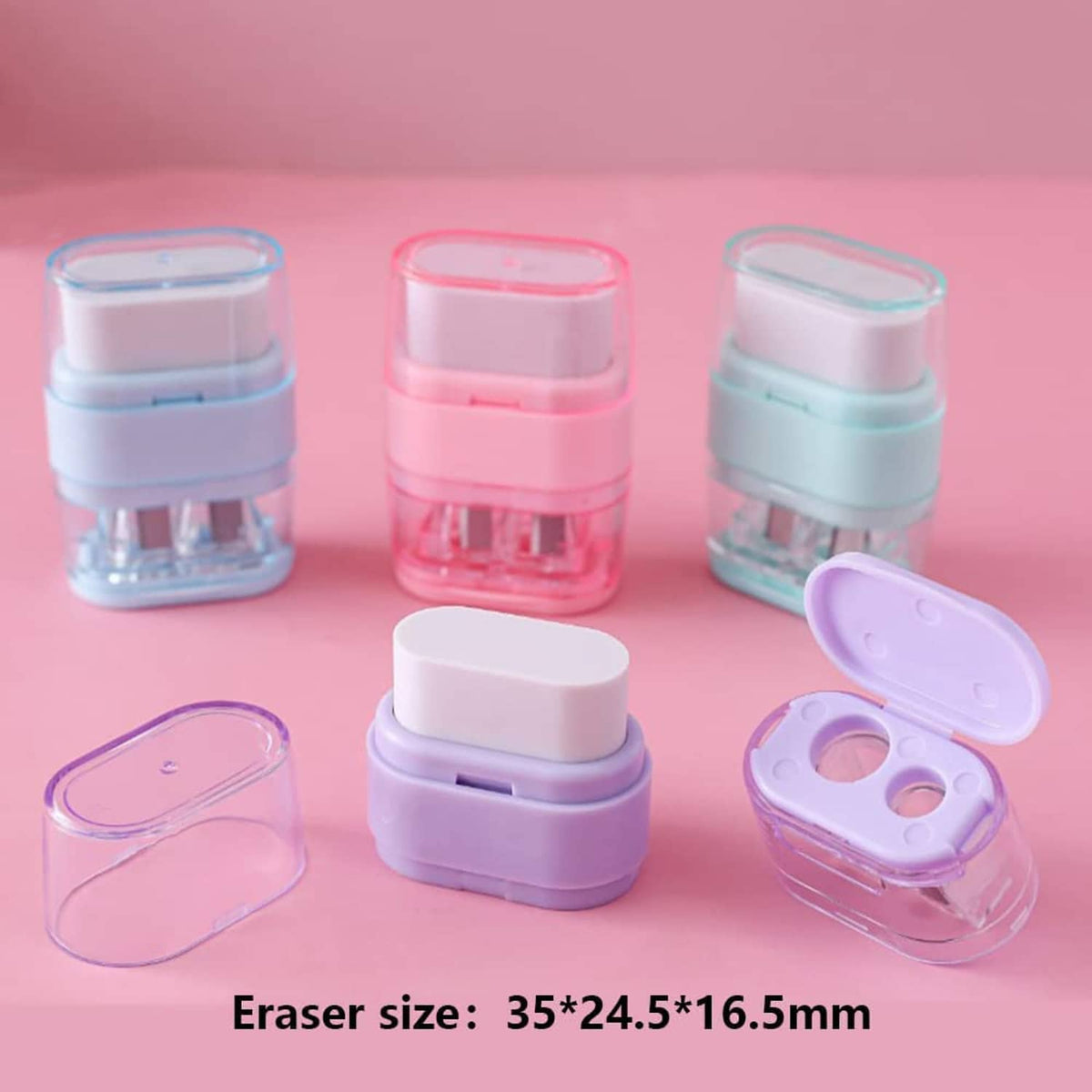 Pastel manual pencil sharpeners with open tops and transparent blade chambers, set of 4