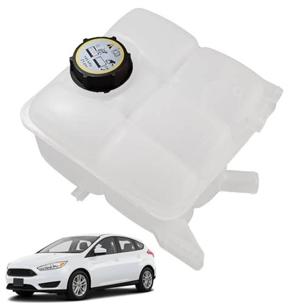 Engine coolant recovery reservoir tank with round black cap on white plastic container