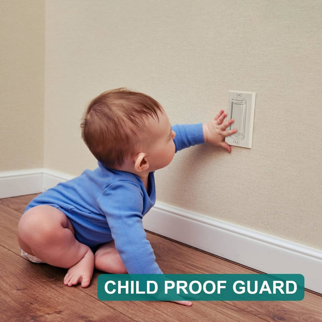 Baby reaching toward a wall light switch with a clear childproof guard installed.
